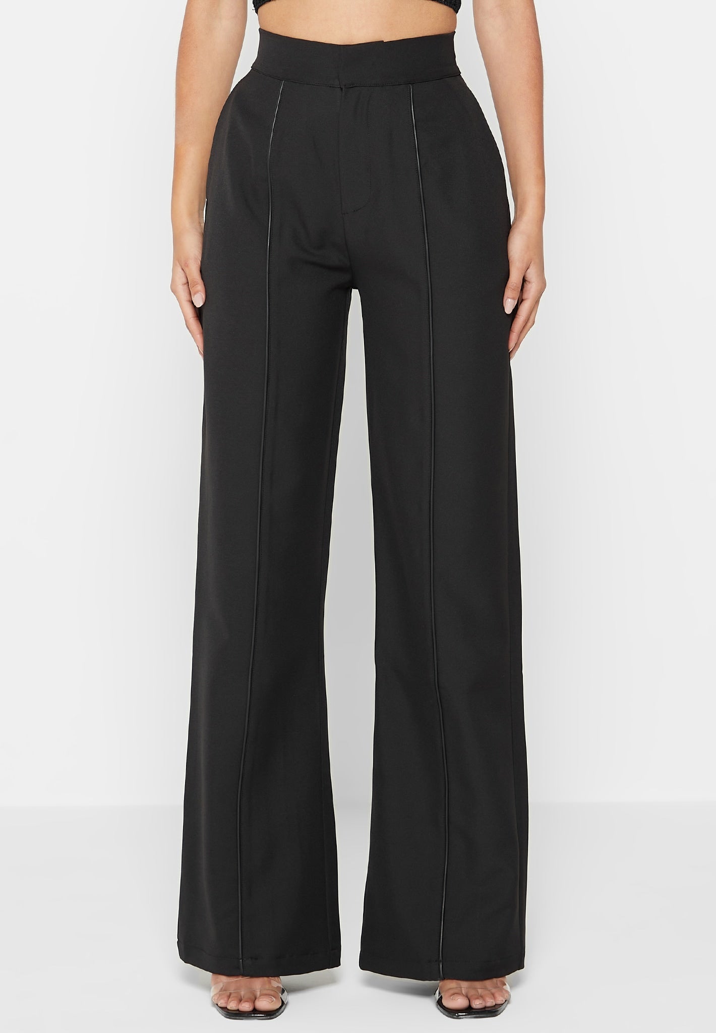 Black Pin Tuck High Waisted Flared Trouser