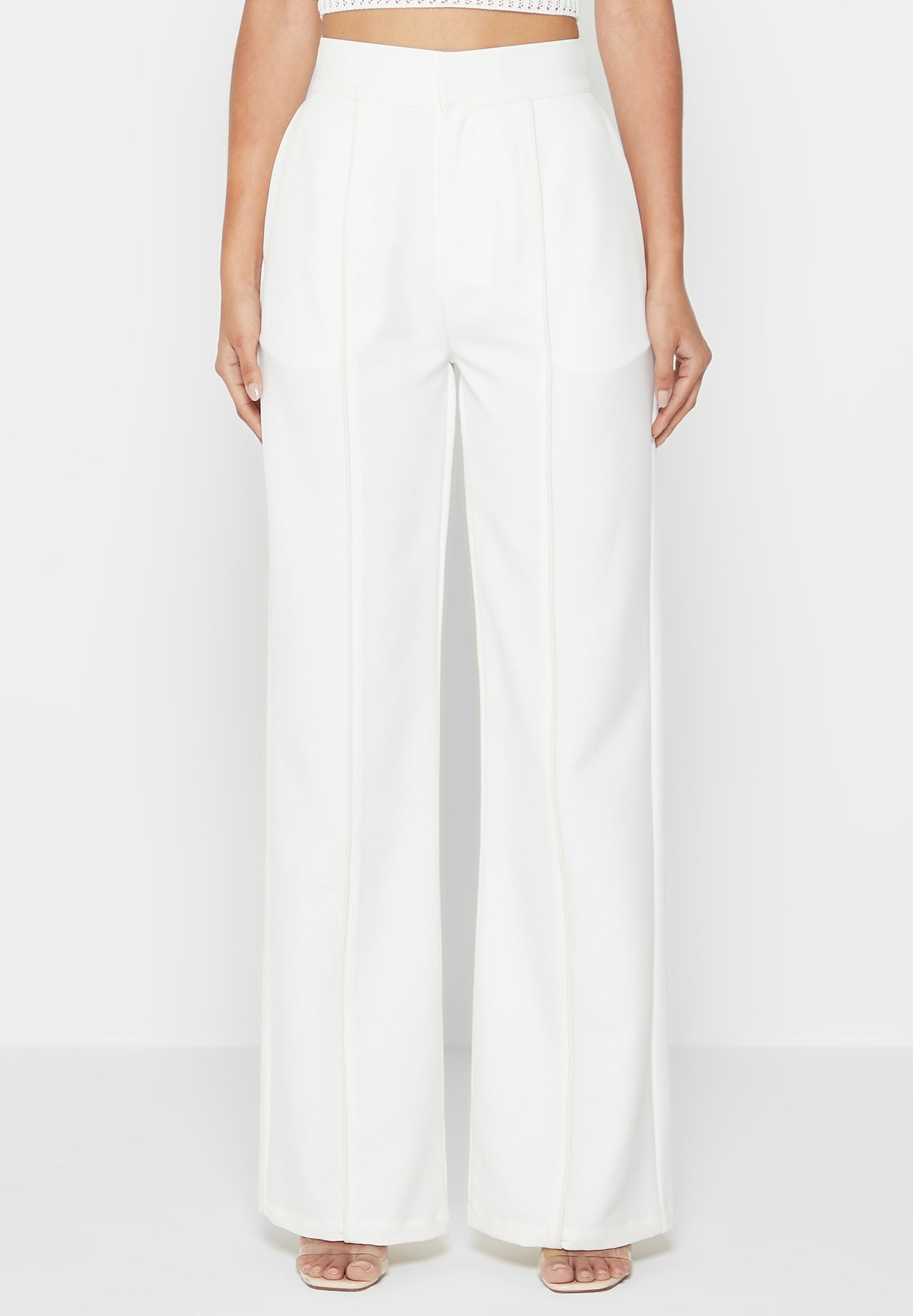 Trousers with Vegan Leather Pintuck - White