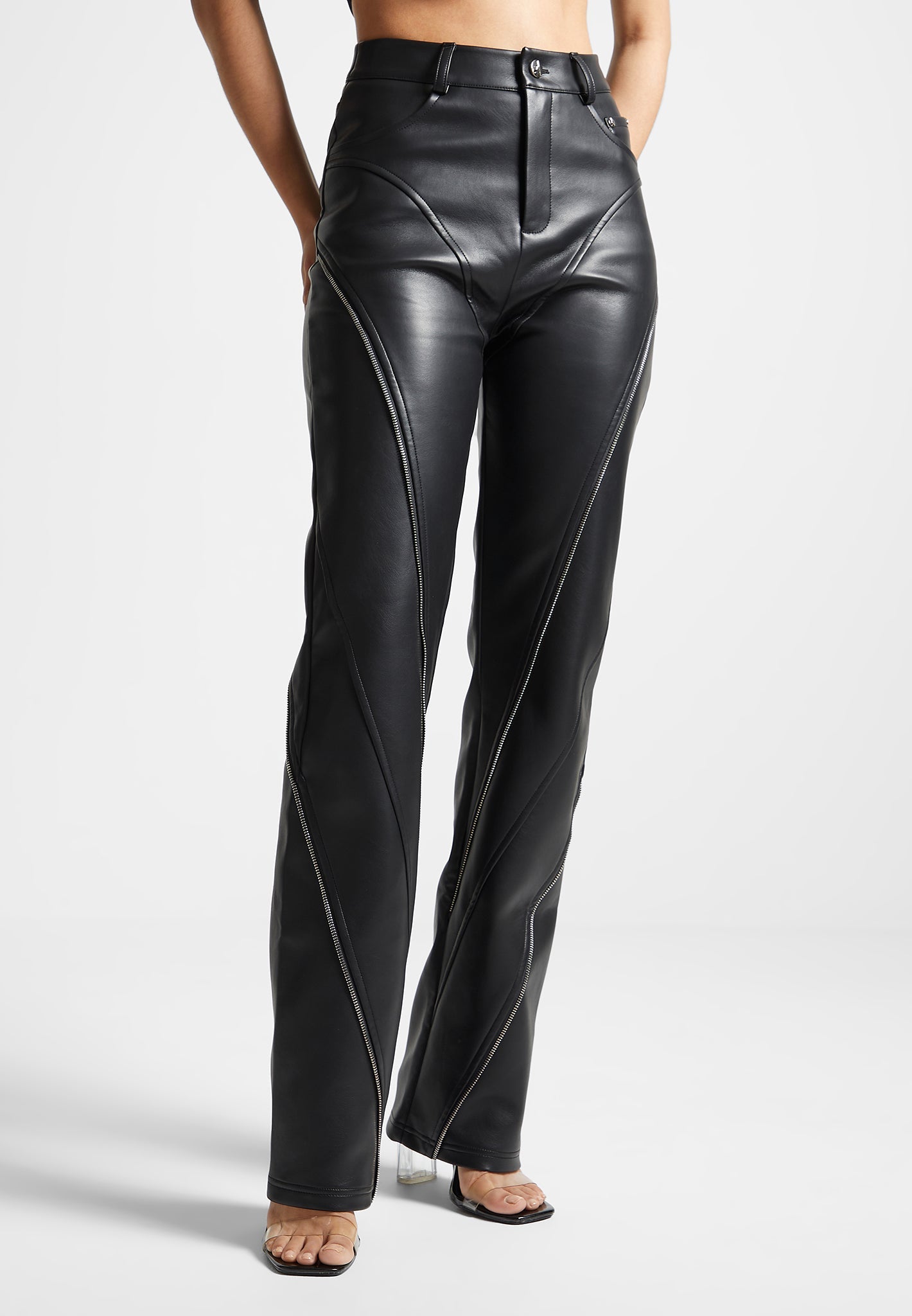 Vegan Leather Biker Trousers with Zip - Black