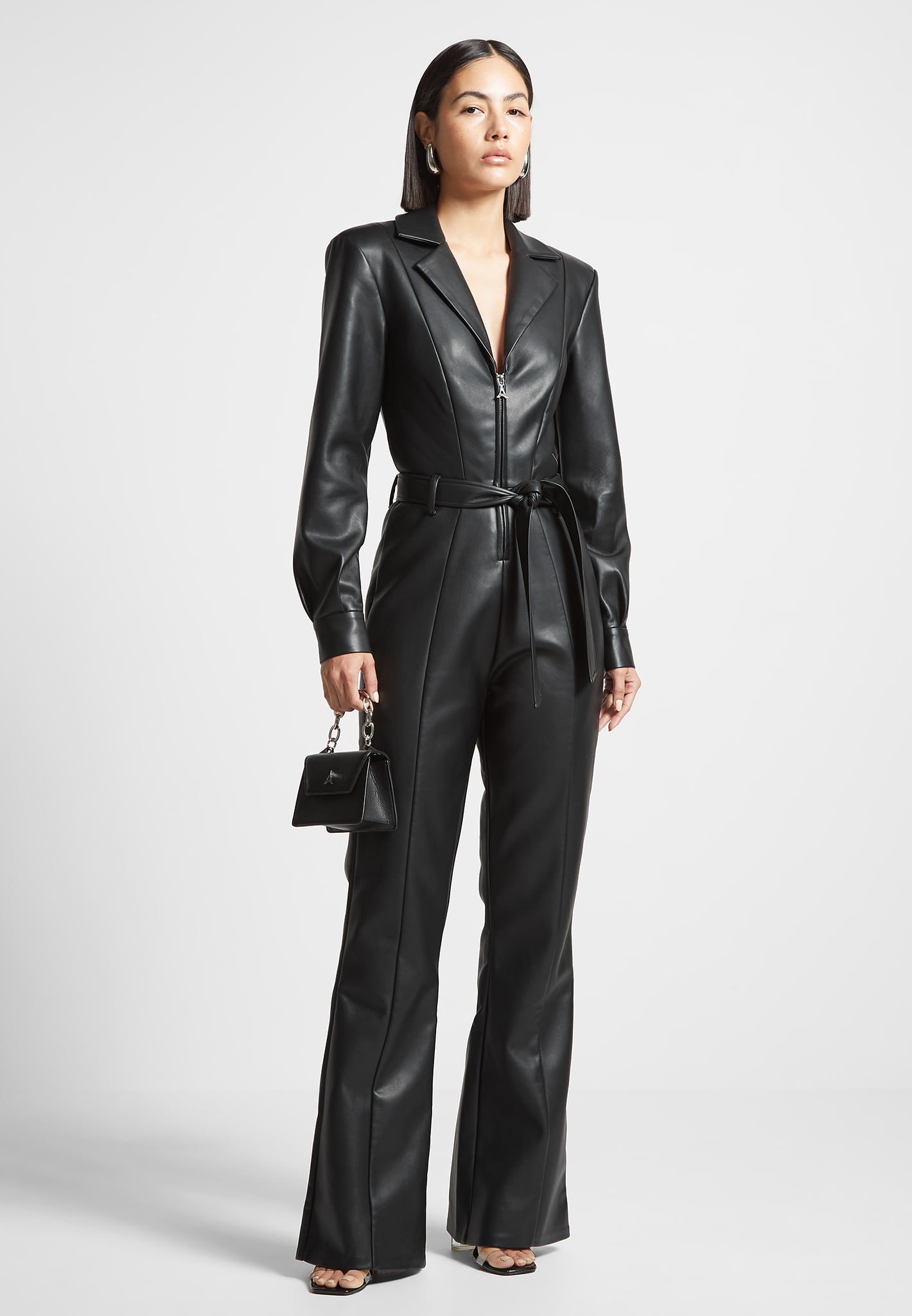 Vegan Leather Fit and Flare Belted Jumpsuit - Black