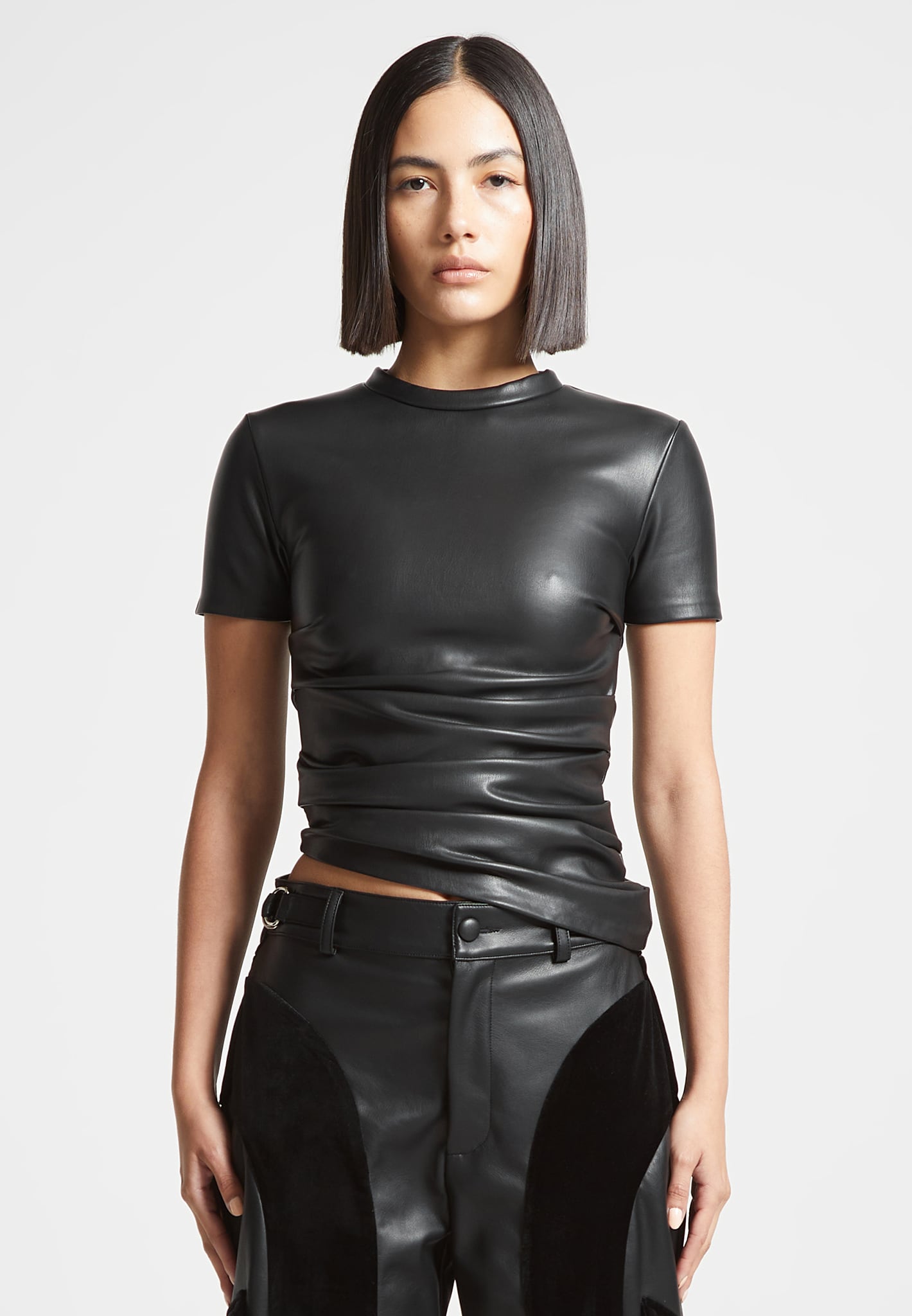 Vegan Leather Mock Neck Bodysuit - Black