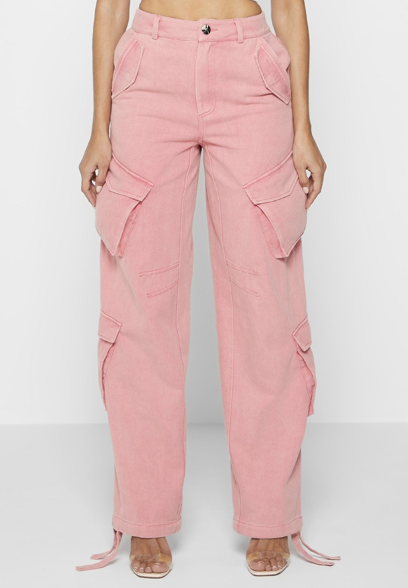 Baby pink cargo pants. Fit high waisted with a - Depop