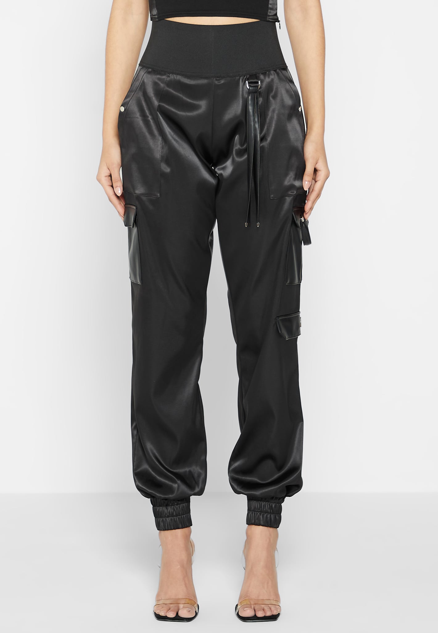 Women's Black High Waist Multi Pocket Cargo Jogger Pants - Polyester