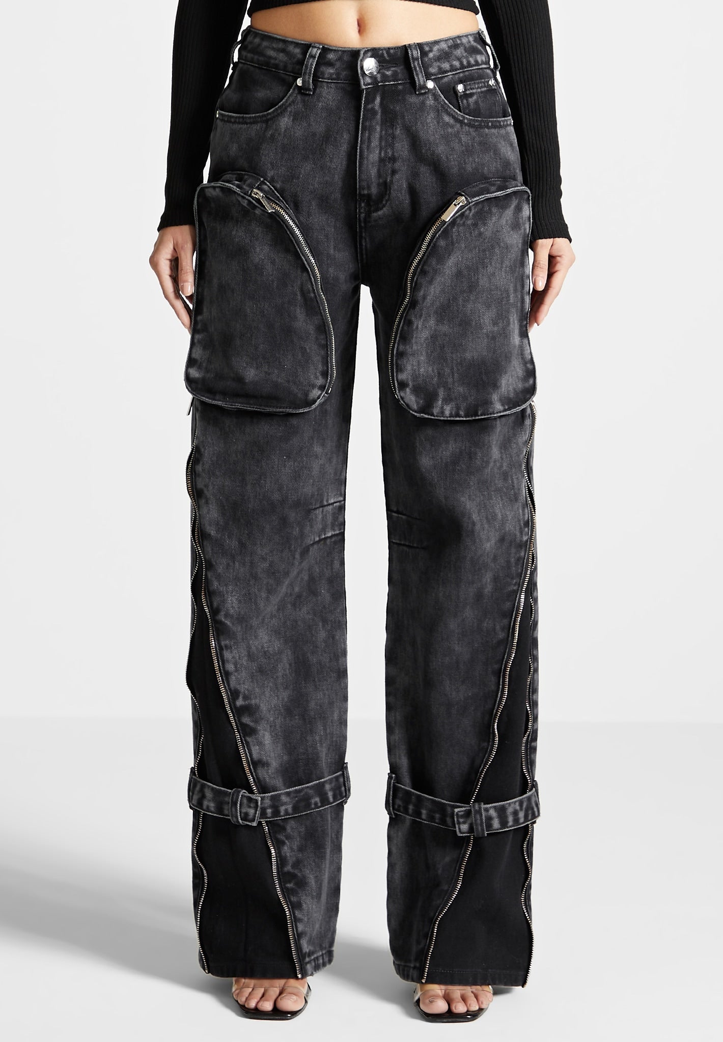 Zip Detail Denim Cargo Pants - Washed Black | Manière De Voir Canada
