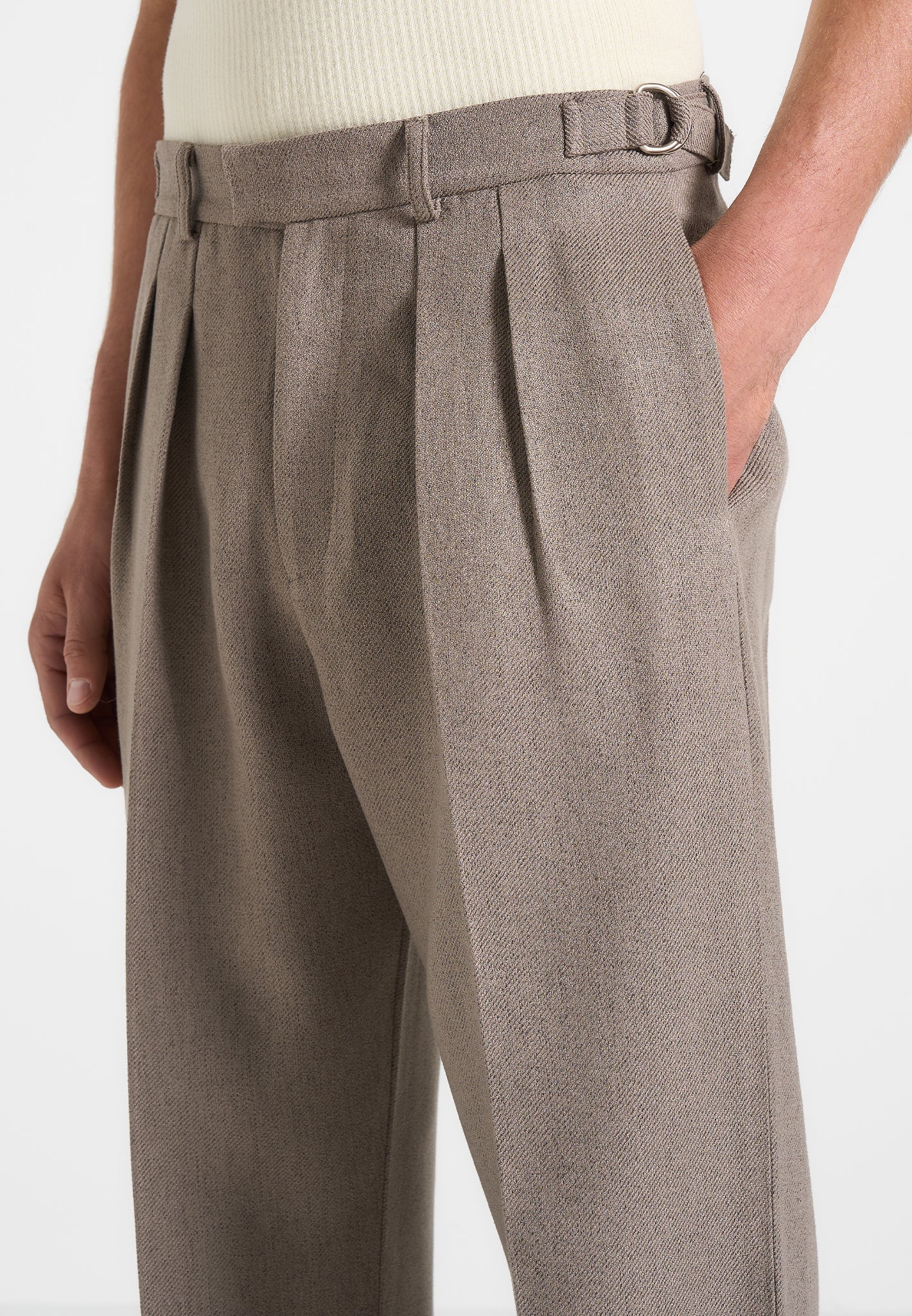 Pierre - Relaxed Fit Textured Pleated Tailored Trousers - Taupe
