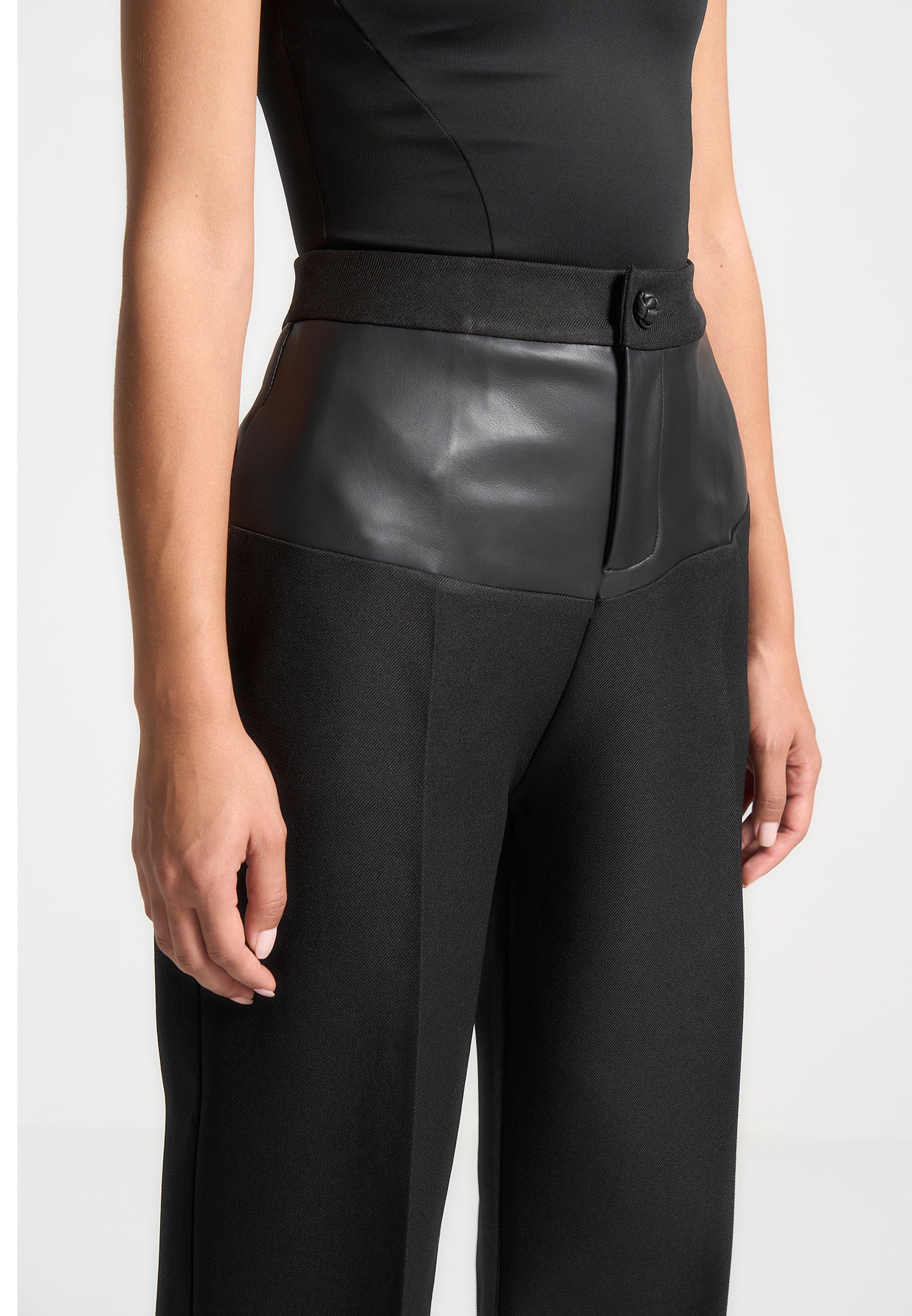 Vegan Leather Panel Tailored Trousers - Black