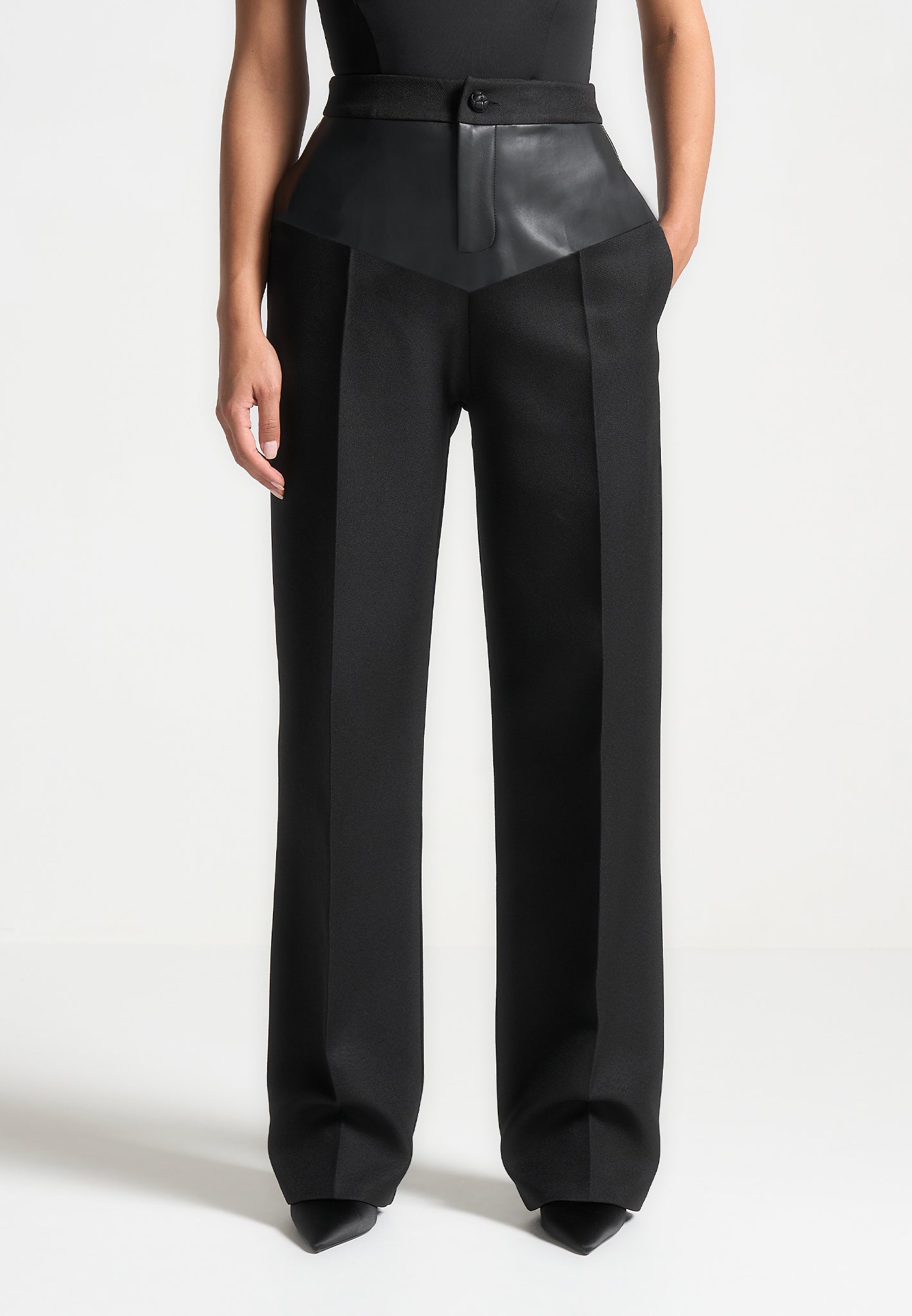 Vegan Leather Panel Tailored Trousers - Black