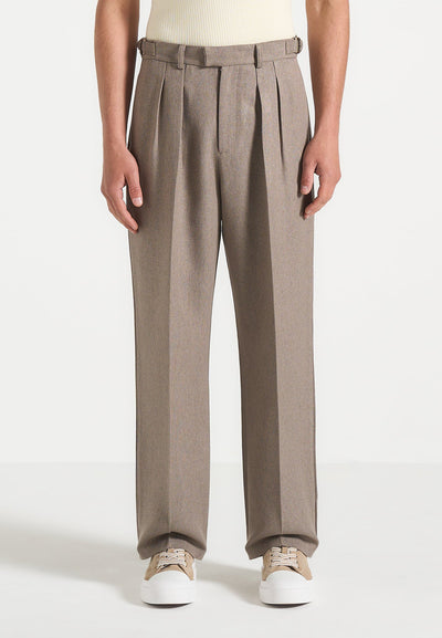 Pierre - Relaxed Fit Textured Pleated Tailored Trousers - Taupe