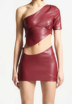 Curved Hem Leather Crop Top - Wine Red