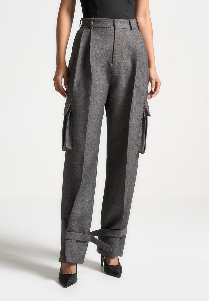 Textured Tailored Pleated Cargo Trousers - Grey Marl