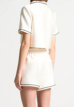 Satin Cropped Shirt with Piping - Cream