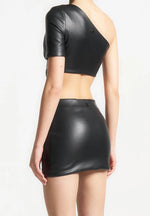 Curved Hem Leather Crop Top - Black