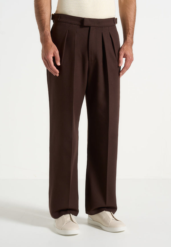 Pierre - Relaxed Fit Pleated Tailored Trousers - Brown