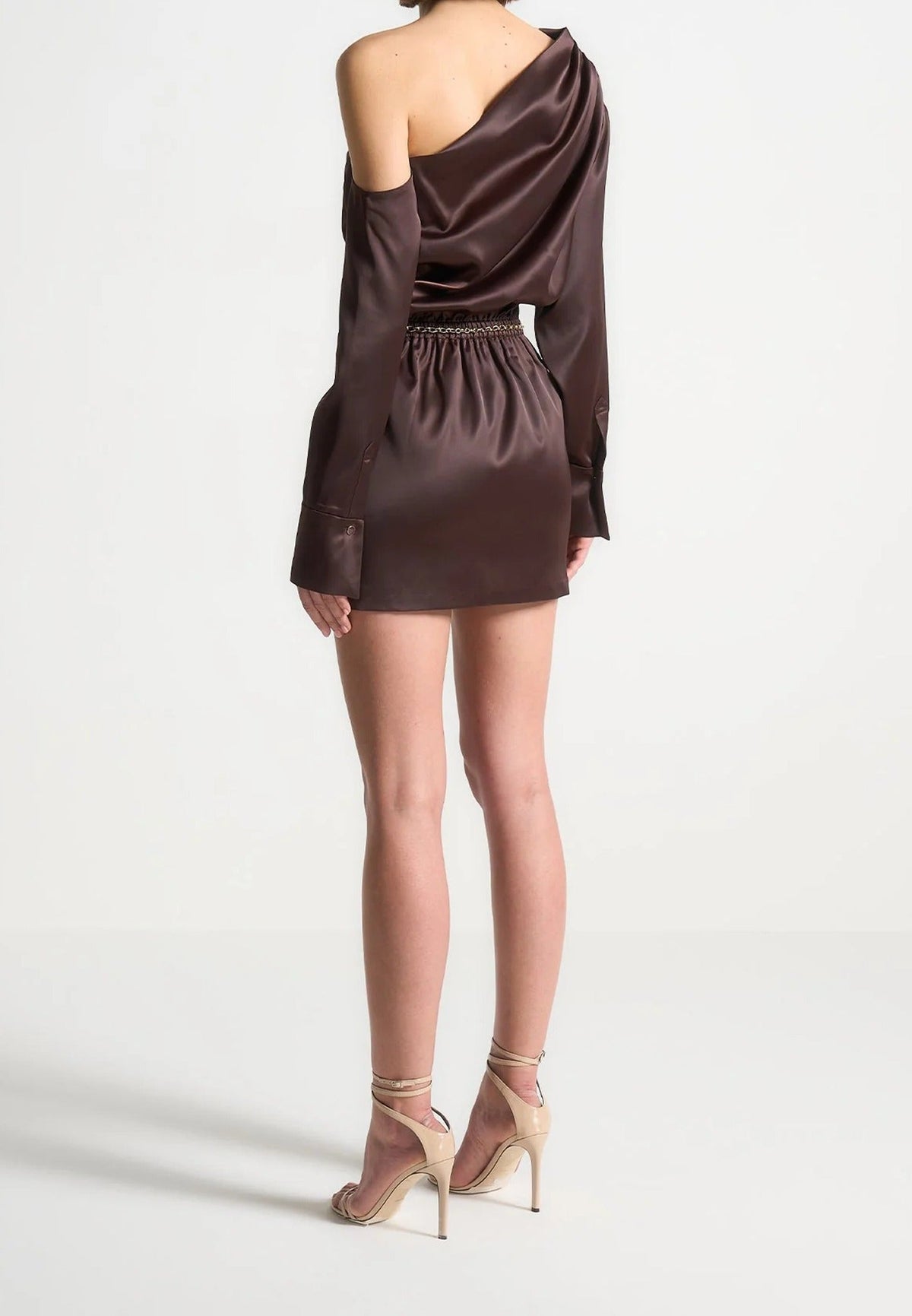 off-shoulder-draped-satin-mini-dress-with-belt-brown