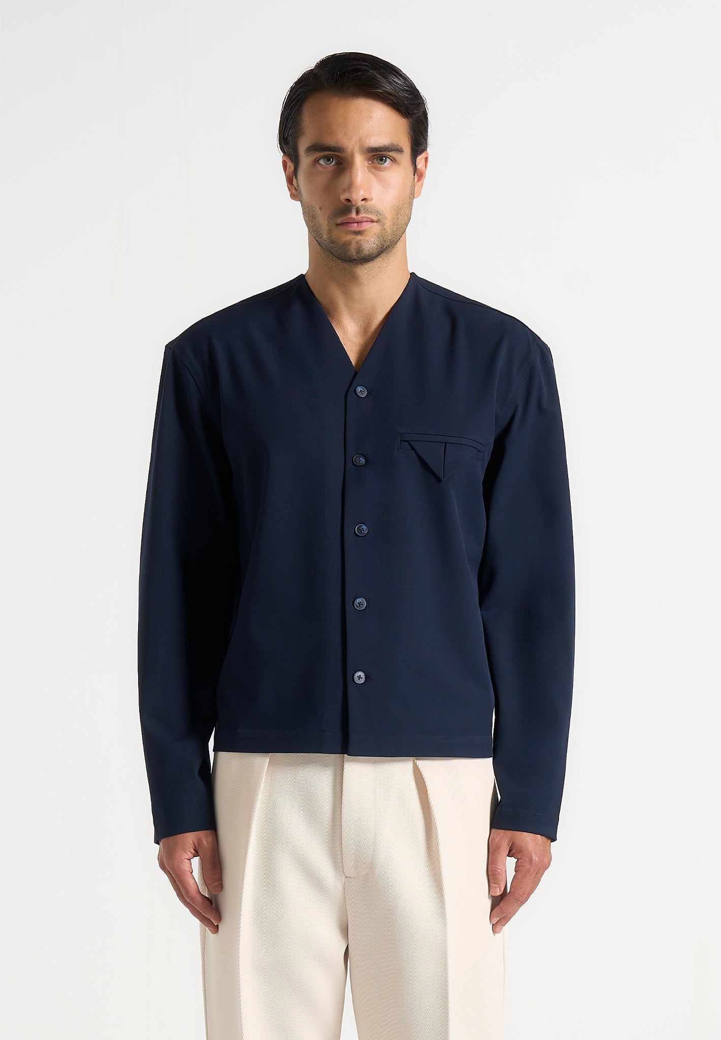 Zac - Boxy V-Neck Long Sleeve Shirt - Navy