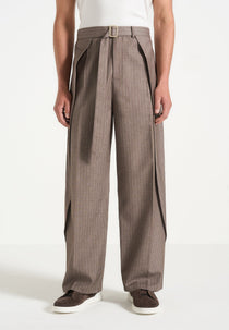 Charles - Wide Fit Wrap Leg Pinstripe Tailored Trousers - Taupe