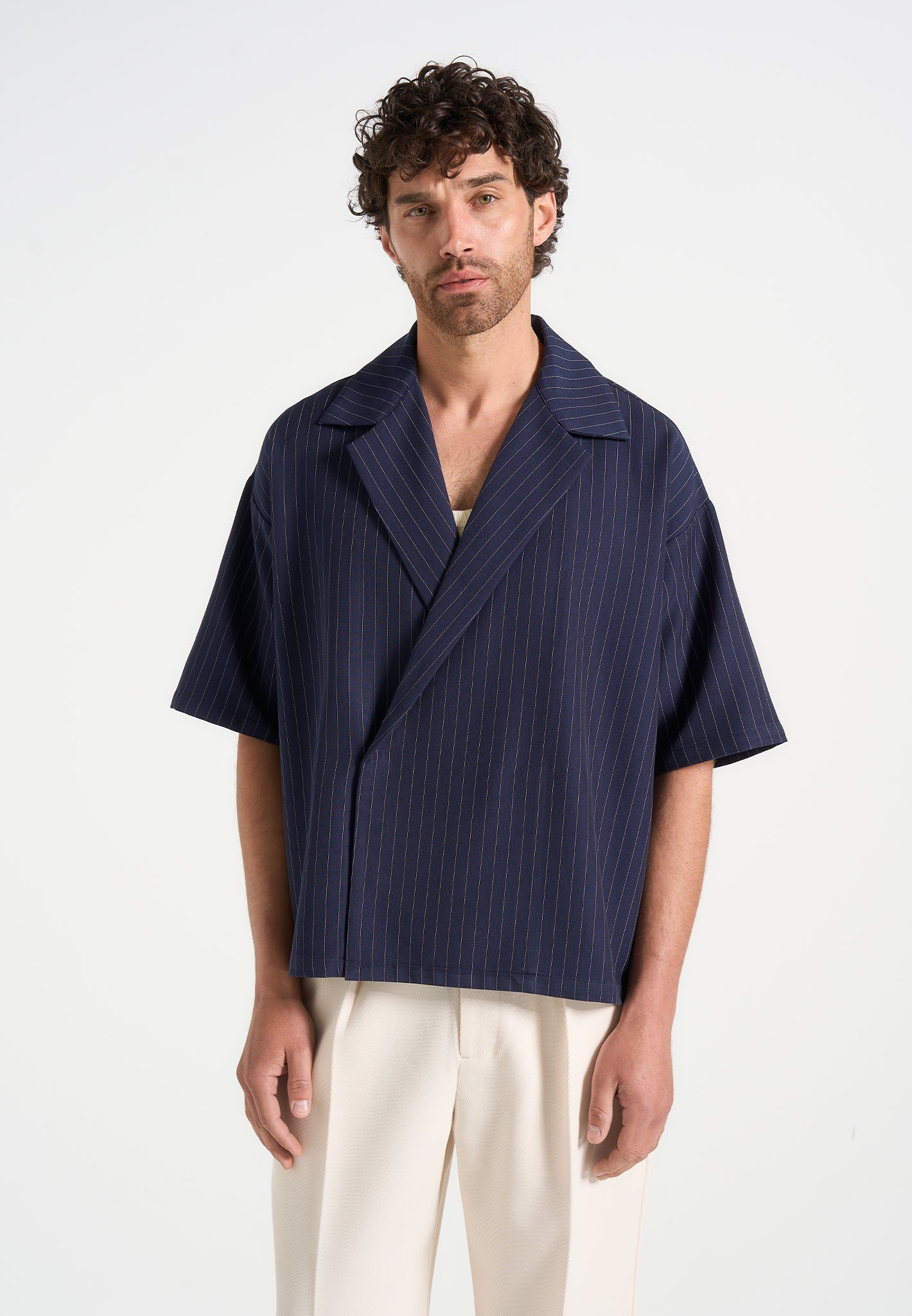 Abel - Boxy Pinstripe Double Breasted Shirt - Navy 