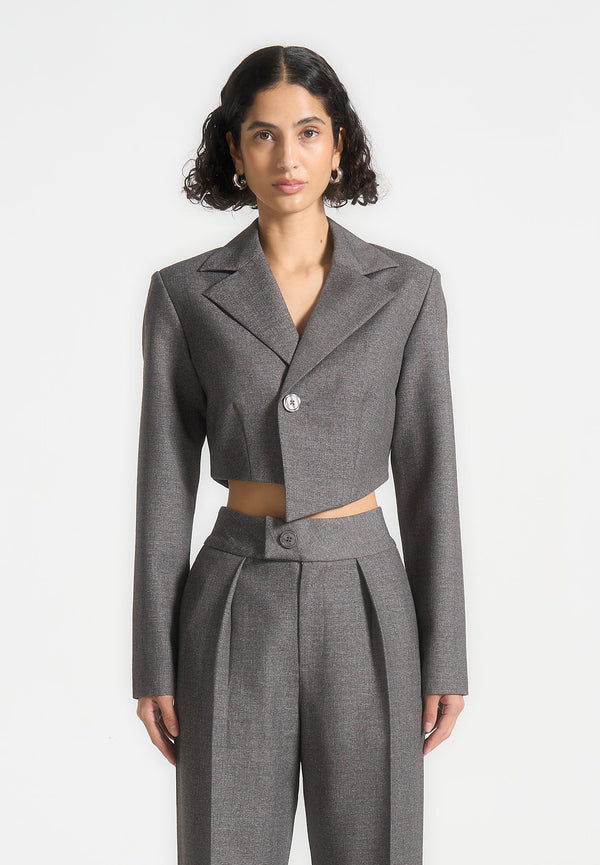 Dina - Asymmetric Tailored Cropped Blazer - Grey Marl