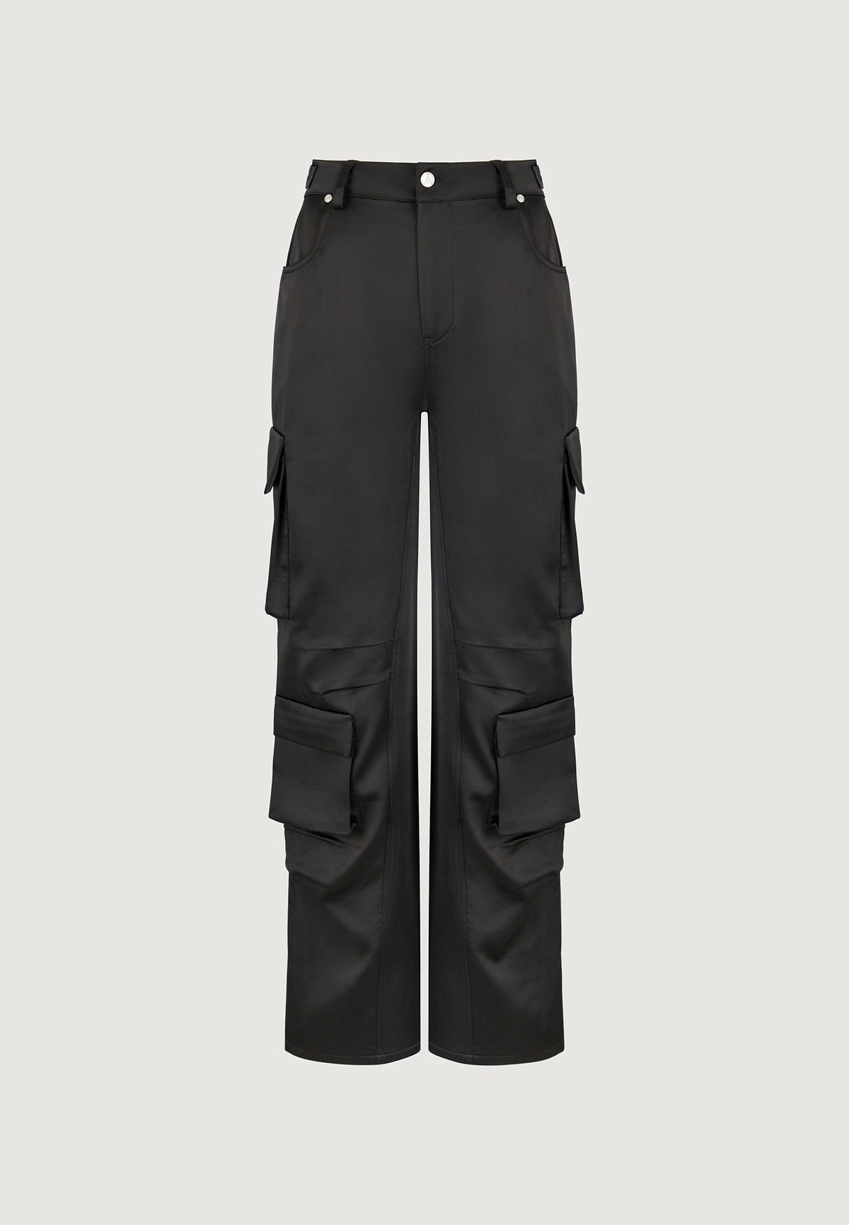 Emilie - Satin High Waisted Cargo Pants - Black