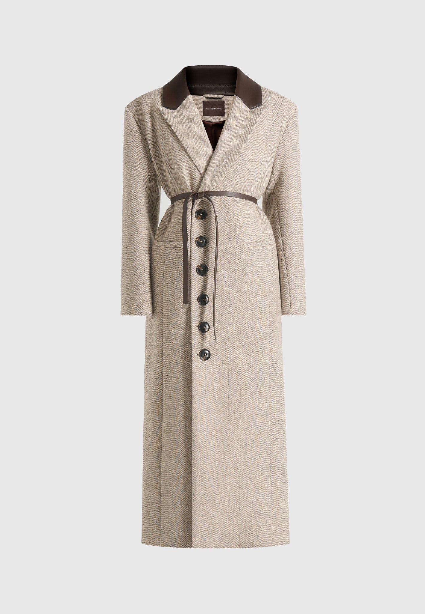 Anissa - Herringbone Wool Oversized Coat with Leather Belt - Beige