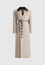 Anissa - Herringbone Wool Oversized Coat with Leather Belt - Beige