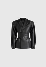 Marie - Twist Sleeve Leather Blazer with Belt - Black