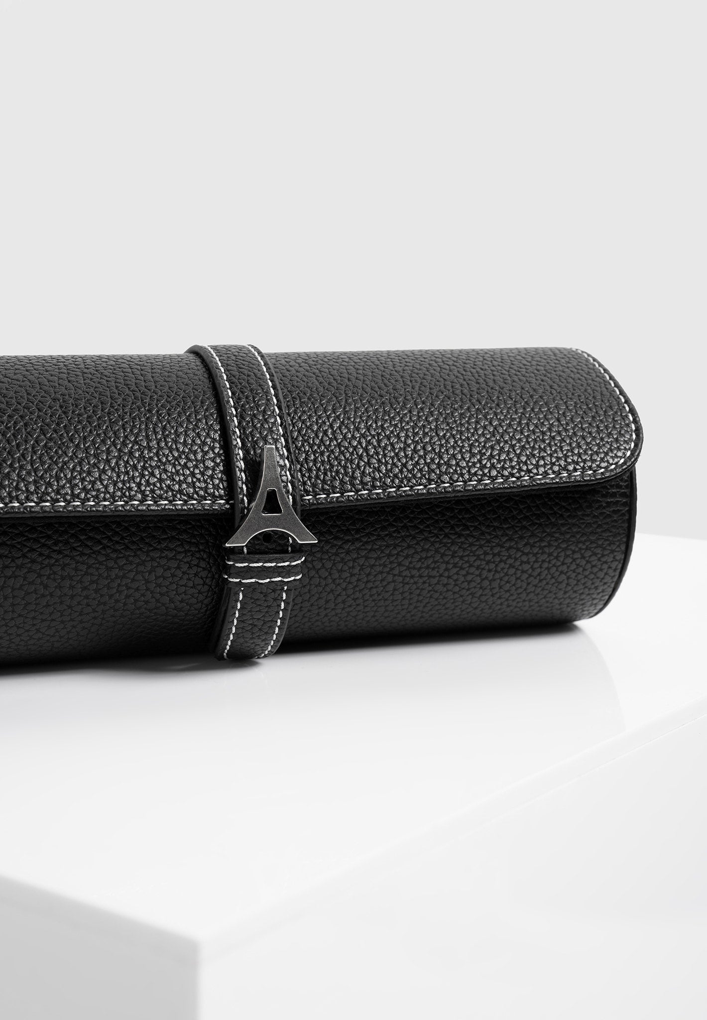 Fred - Pebbled Leather Contrast Stitch Watch Roll - Black