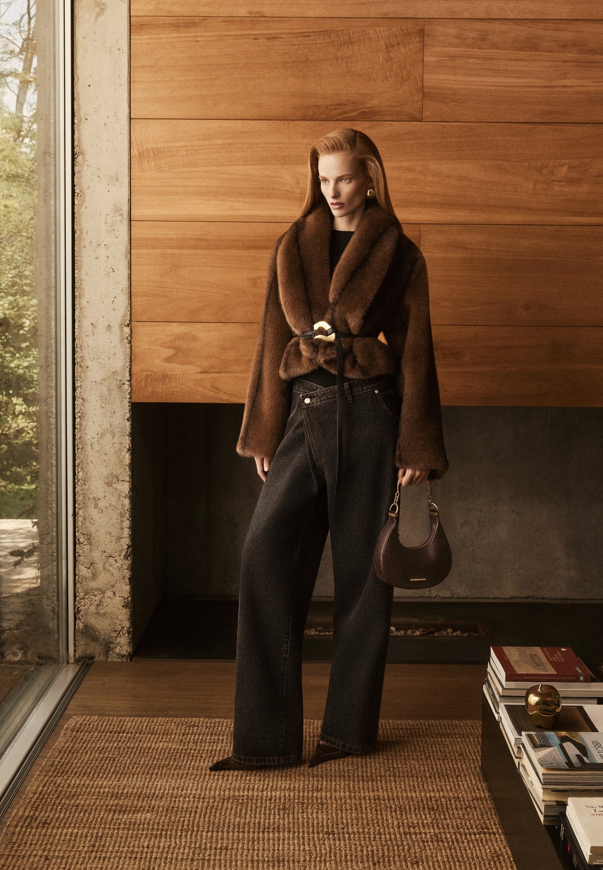 Nola - Fur Shawl Jacket with Leather Belt - Brown