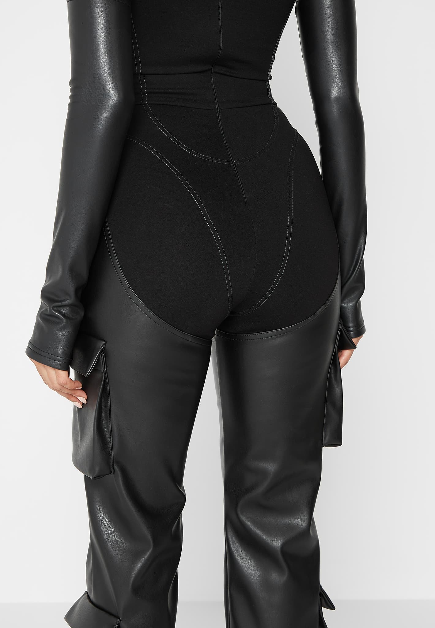bandage-and-vegan-leather-racer-neck-cargo-pocket-jumpsuit-black