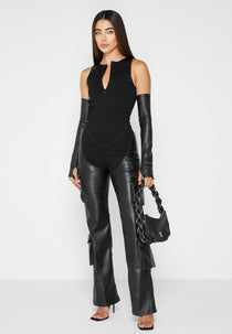 Bandage and Leather Racer Neck Cargo Pocket Jumpsuit - Black
