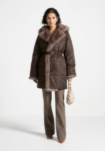 Alima - Fur Longline Belted Coat - Brown