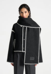 Manel - Wool Blanket Stitch Jacket with Scarf - Black