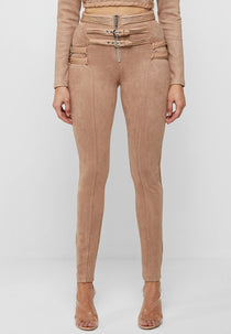 Buckle Detail Vegan Suede Leggings - Beige