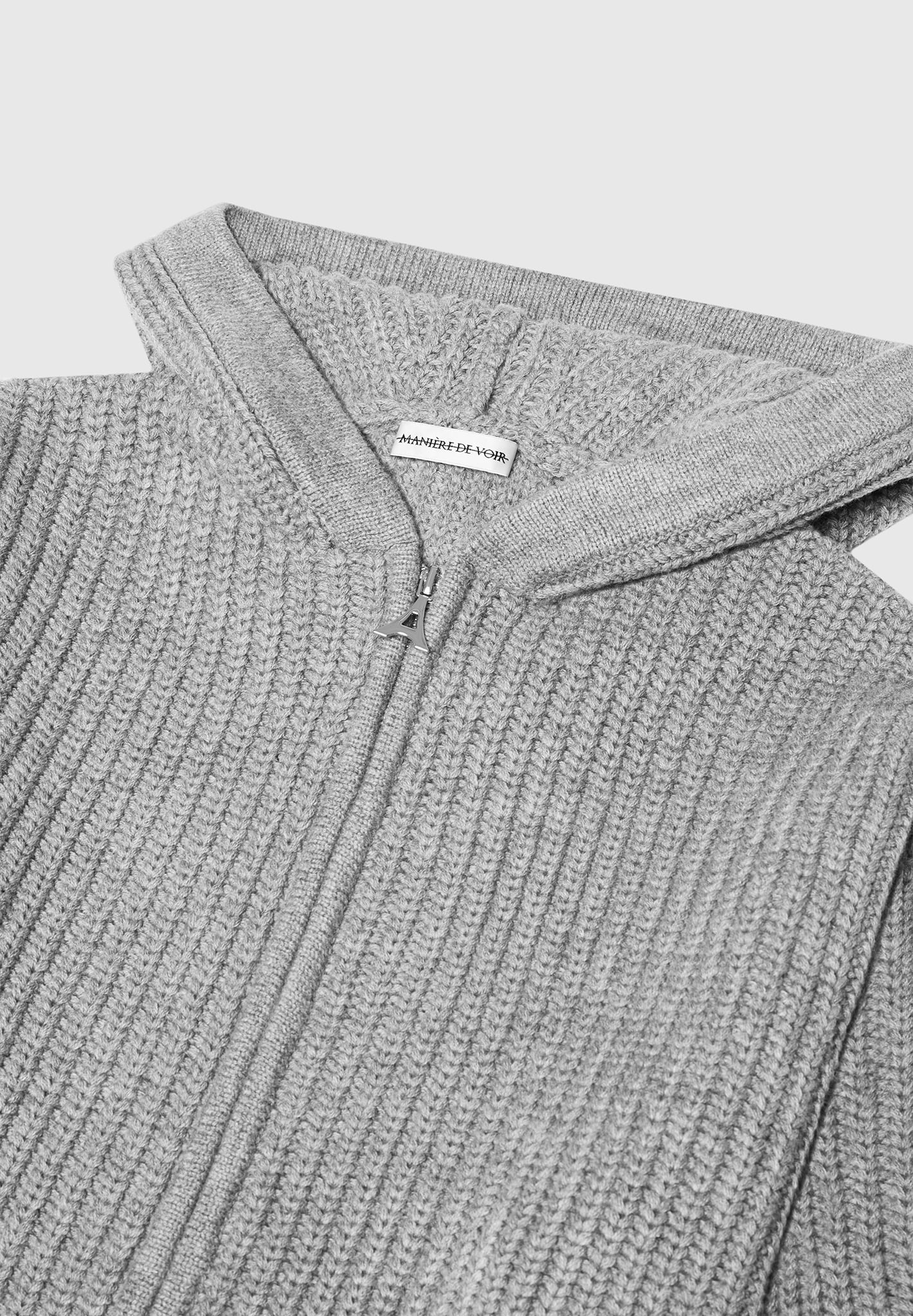Chunky Knit Zip Through Hoodie-Light Grey