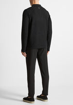 cotton-blend-waffle-knit-long-sleeve-polo-top-black