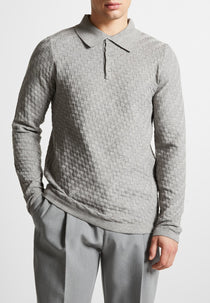 Cotton Blend Waffle Knit Long Sleeve Polo Top - Grey