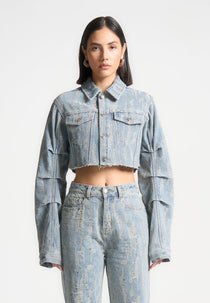 Alice - Cropped Distressed Denim Jacket - Mid Blue