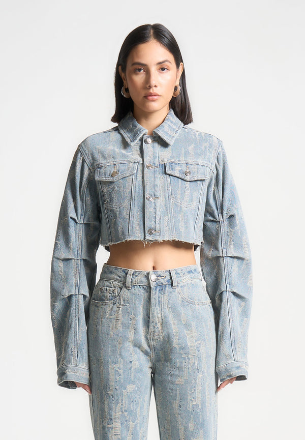 Alice - Cropped Distressed Denim Jacket - Mid Blue