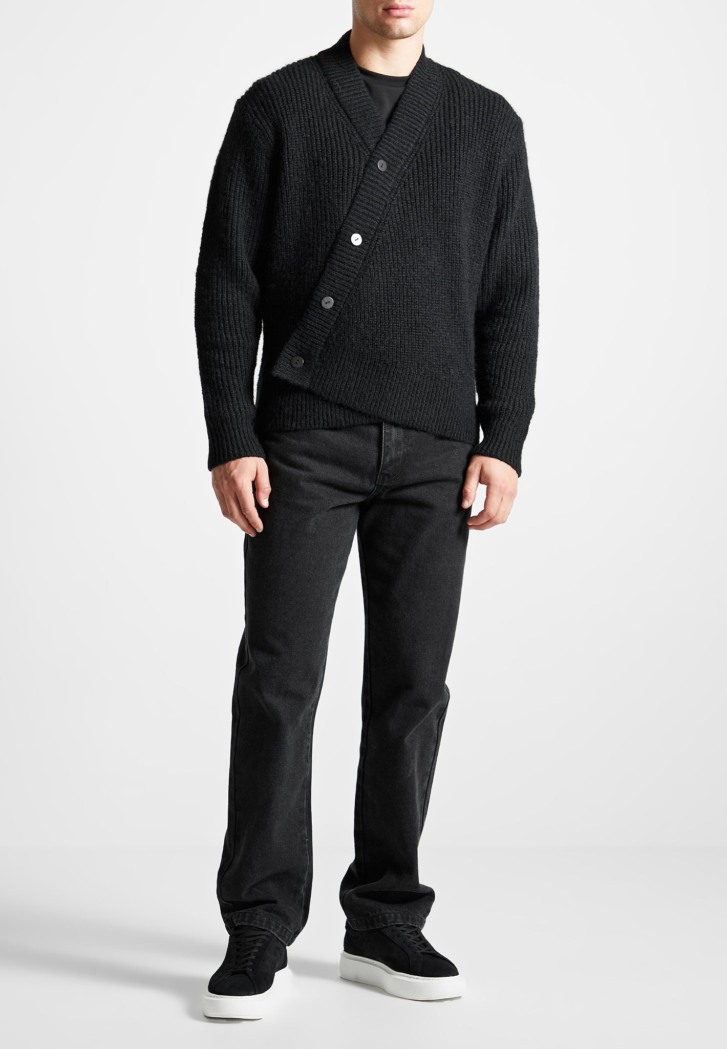 Double Breasted Brushed Knit Cardigan - Black