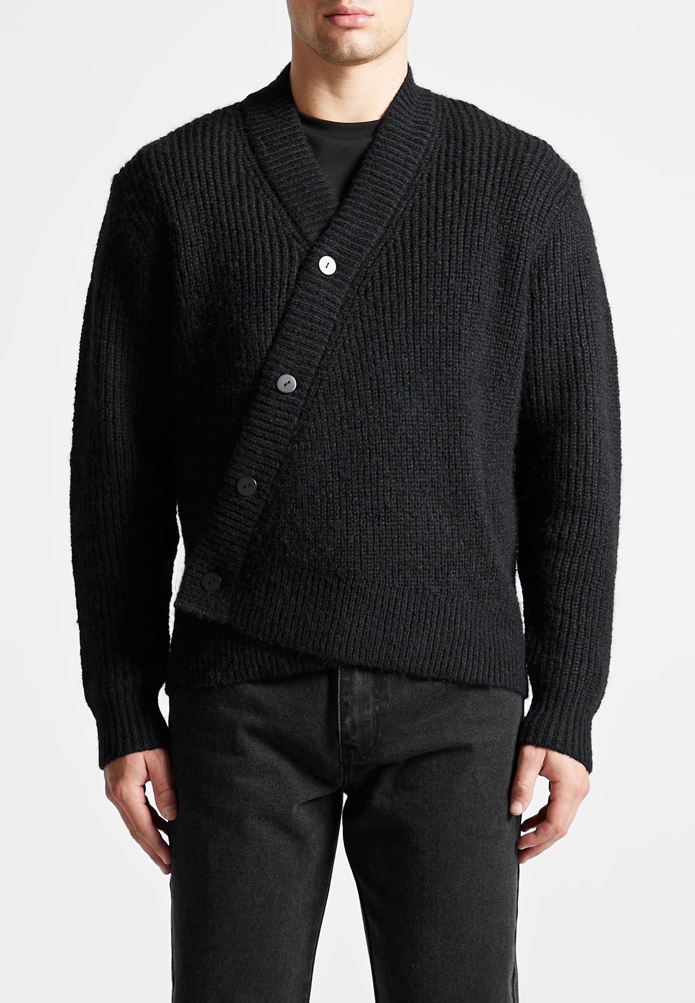 Double Breasted Brushed Knit Cardigan - Black