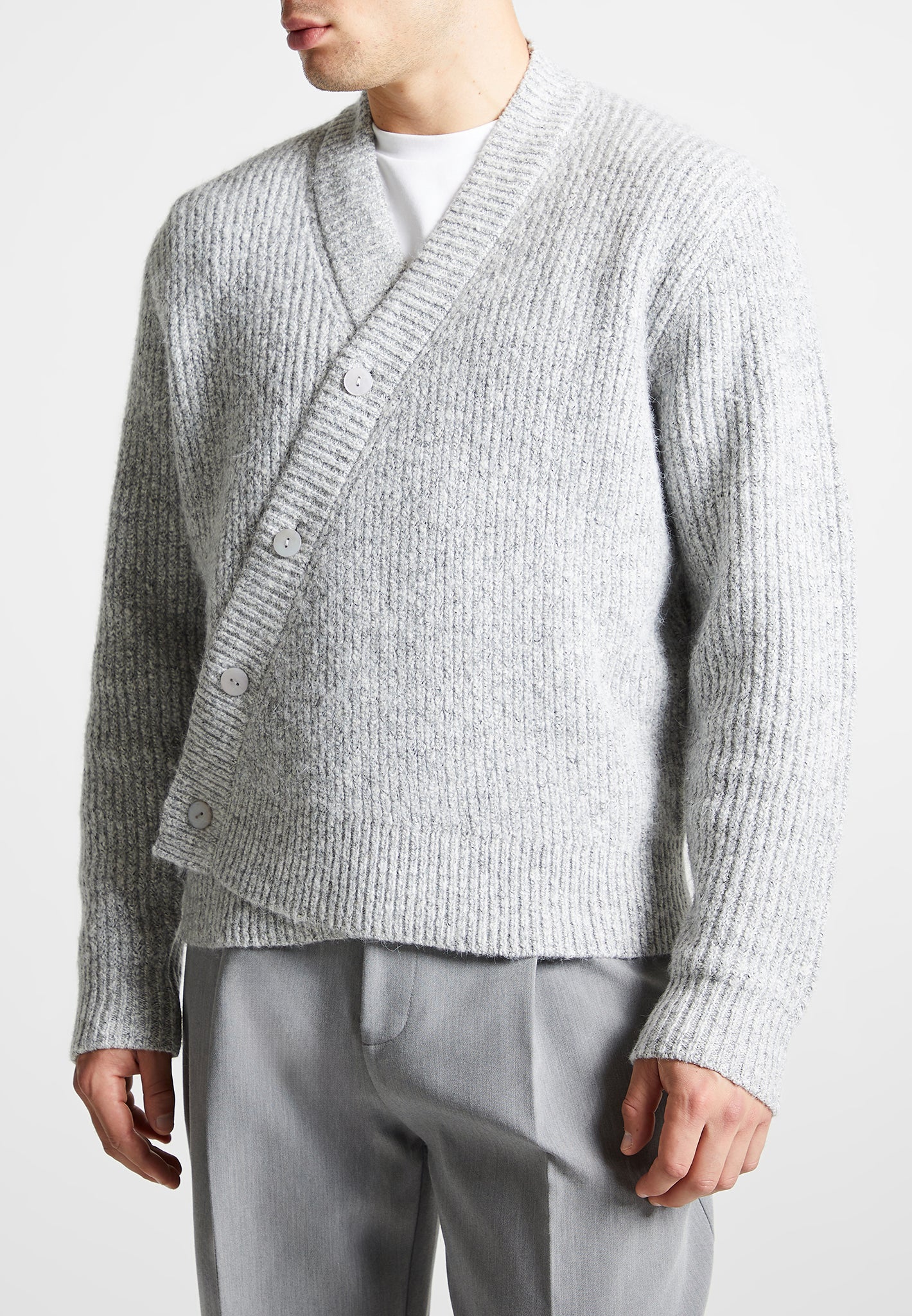 Double Breasted Brushed Knit Cardigan - Grey