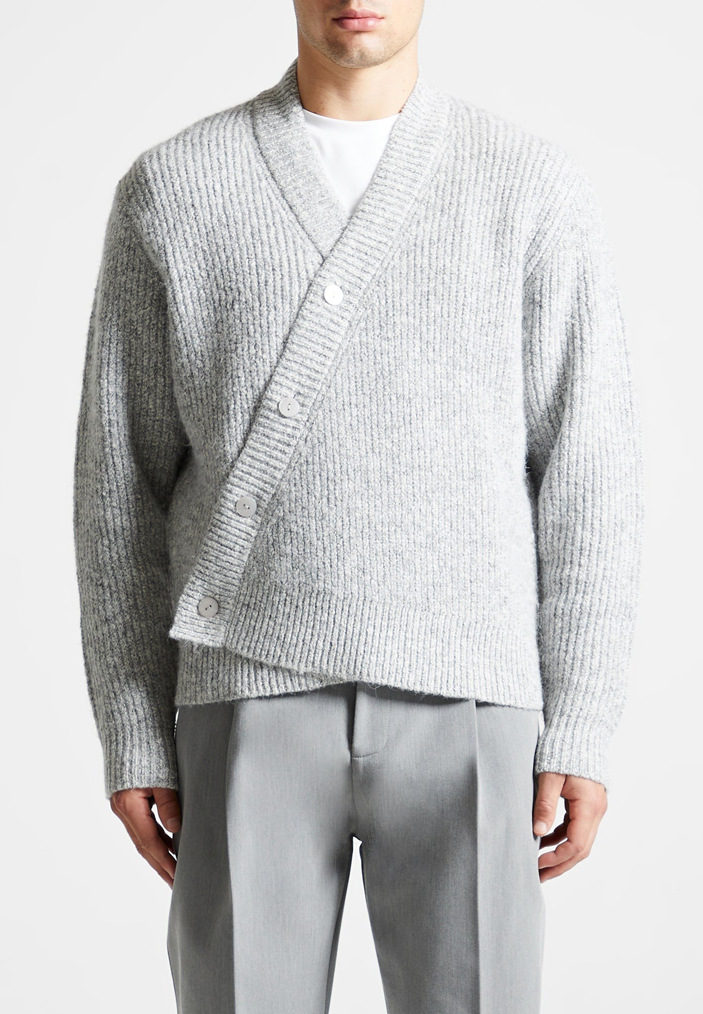 Double Breasted Brushed Knit Cardigan - Grey