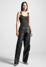 elasticated-waist-vegan-leather-cargo-trousers-black