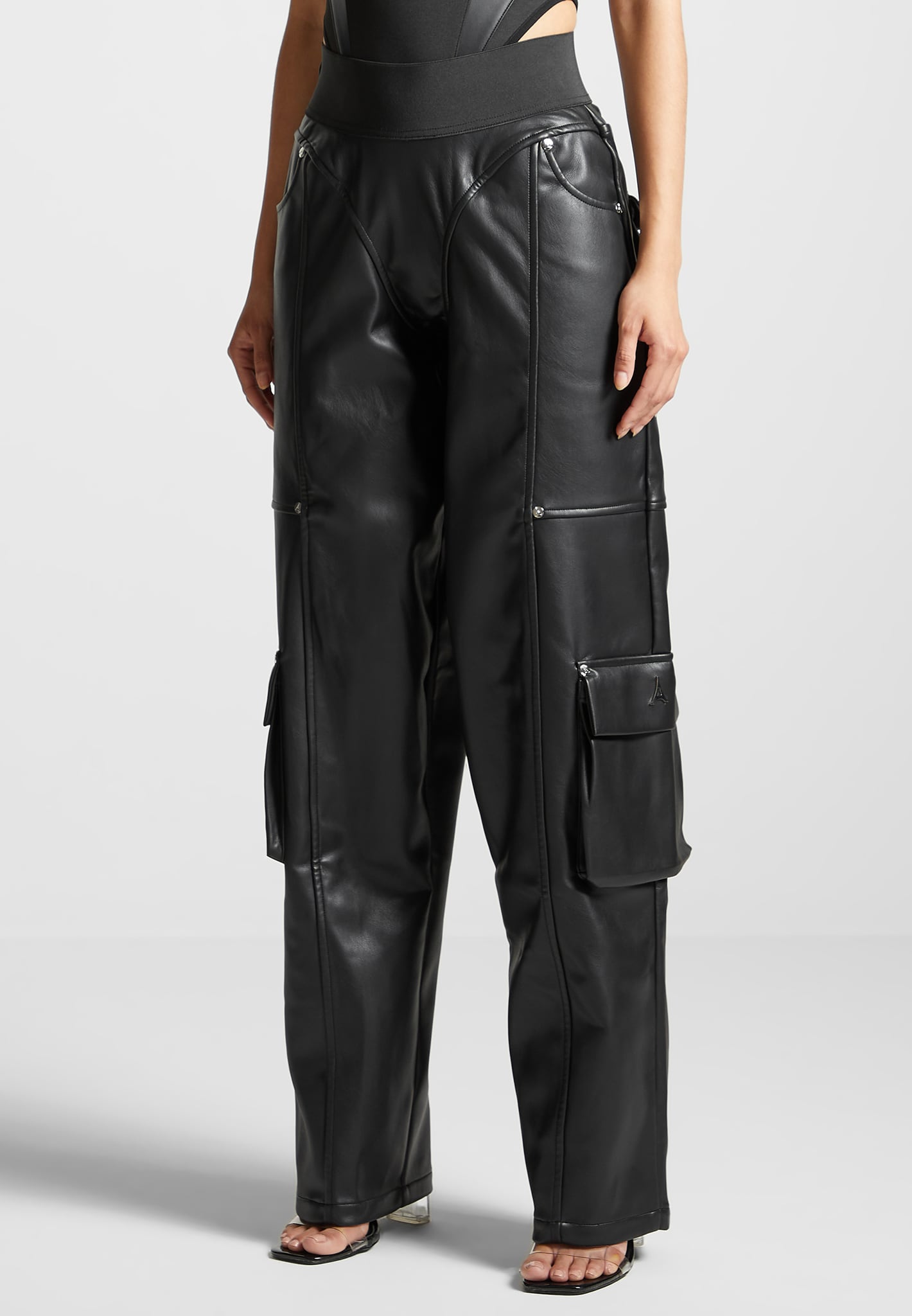 Fashion (Black 2)Women Faux Leather Cargo Pants Jogger Thick Tummy