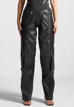 elasticated-waist-vegan-leather-cargo-trousers-black