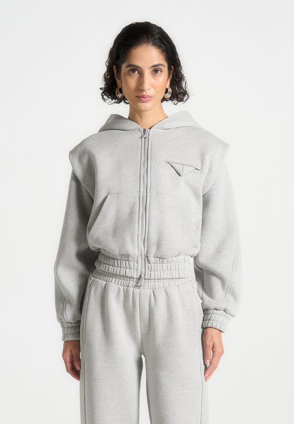 Louna - Wide Shoulder Zip Through Hoodie - Grey