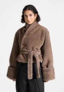 Albane - Fur Kimono Tie Jacket - Brown