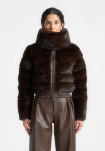 Ama - Plush Ribbed Jacket with Neck Scarf - Brown