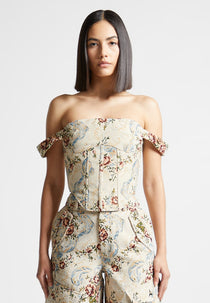 Bonnie - Floral Jacquard Bardot Corset Top - Beige