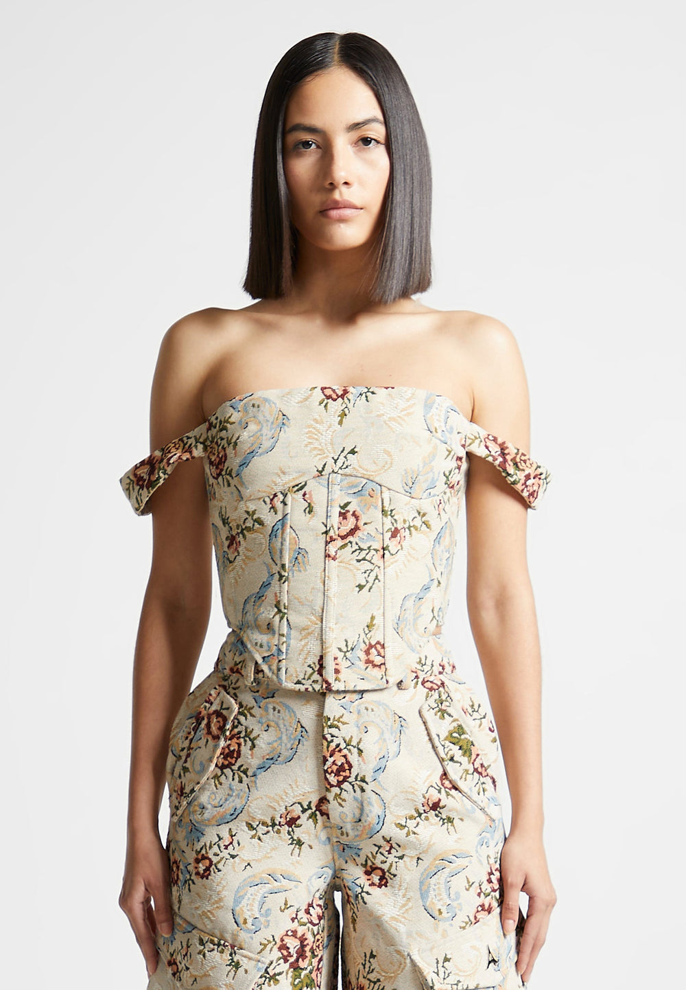 floral-jacquard-bardot-corset-top-beige